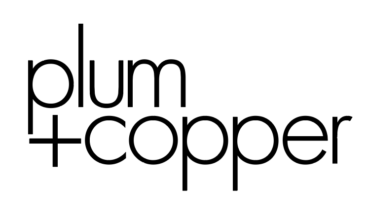 A black and white image of the logo for plum e-copper.